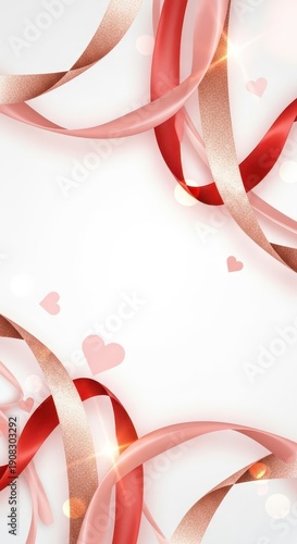 Flowing satin ribbons in shades of red and rose gold adorn a bright white background with subtle heart shapes.