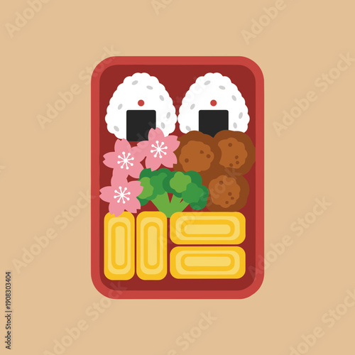 Japanese bento box lunch top view with onigiri rice balls, meatballs, broccoli, tamagoyaki omelet and cherry blossoms, flat vector art.