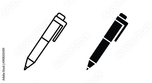 A simple illustration depicts two black writing instruments a pen and a marker shown in outline and solid forms