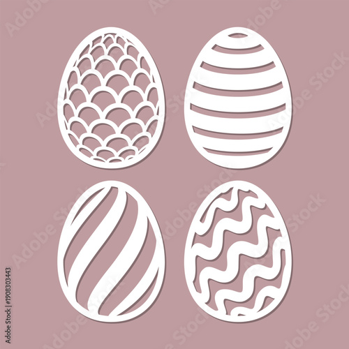 Set of four decorative Easter eggs with scale, stripe, and wave cutout patterns for laser cutting