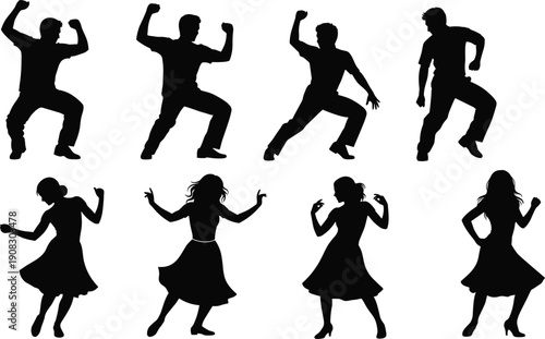 Dynamic dancing silhouettes collection, energetic men and women poses, rhythmic movement, isolated black figures, expressive body language, white background