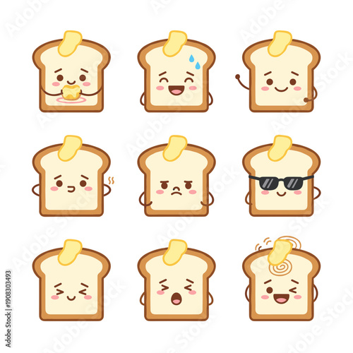 Cute toast bread character set with butter in various emotional states like happy, cool, nervous and sleepy, flat vector food mascot.