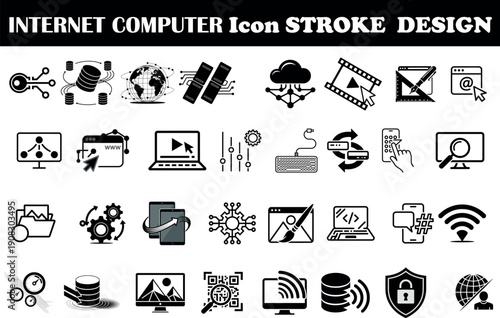 Internet Computer & Network Technology Icon Set – Editable Stroke Outline Collection