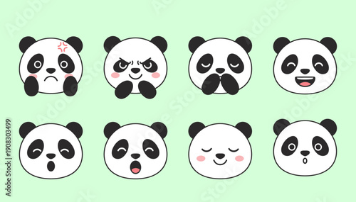 Cute Panda Emoji Set with Various Facial Expressions and Emotions, Flat Vector Illustration of Giant Panda Heads Isolated on Green Background