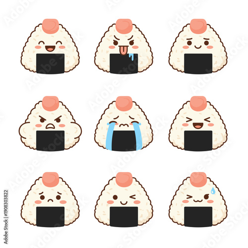 Japanese Onigiri Rice Ball Emoji Collection with Adorable Expressions for Food Culture Promotion and Asian Cuisine Restaurant Branding Designs