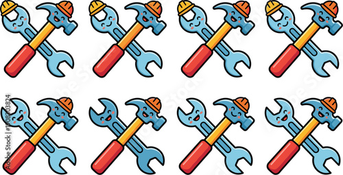 Crossed Cartoon Hammer and Wrench With Happy Faces Wearing Hard Hats
