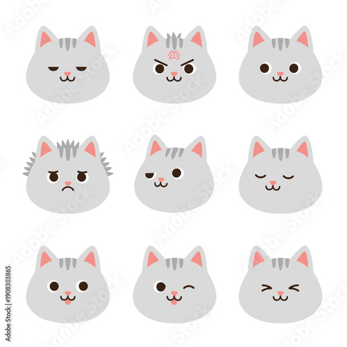 Set of cute grey cat face icons with various facial expressions including happy angry sleeping and winking for social media avatar and design