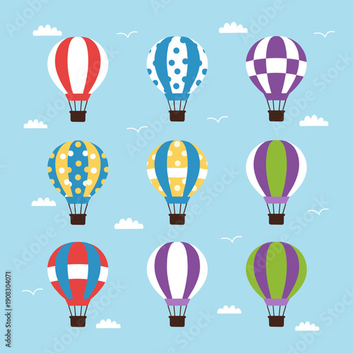 Collection of Colorful Hot Air Balloons with Various Patterns in the Sky, Vector Flat Illustration for Travel Adventure and Festival Concepts