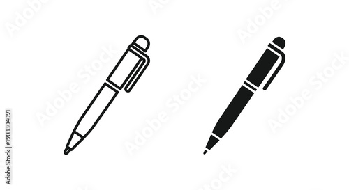 A simple graphic illustration depicts two writing instruments an open ballpoint pen and a capped rollerball pen