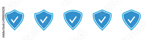 Blue shield check mark icon set. Security shield protection icon. Shield with tick symbol. Security protection sign. Vector illustration