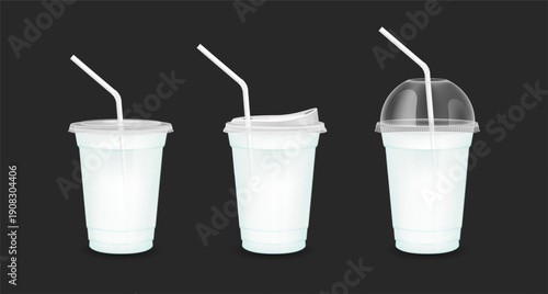 Mockup fruit juice in plastic cup transparent. Glass with Flat lid Dome lid Sip lid straw tube. White water for design drink menu cafe or restaurants. Collection packaging drink 3D Realistic vector.