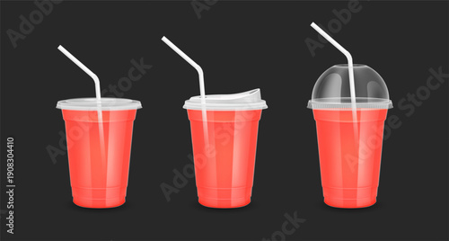 Mockup fruit juice in plastic cup transparent. Glass with Flat lid Dome lid Sip lid straw tube. Red water for design drink menu cafe or restaurants. Collection packaging drink 3D Realistic vector.