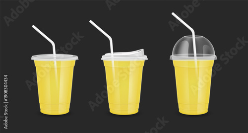 Mockup fruit juice in plastic cup transparent. Glass with Flat lid Dome lid Sip lid straw tube. Yellow water for design drink menu cafe or restaurants. Collection packaging drink 3D Realistic vector.
