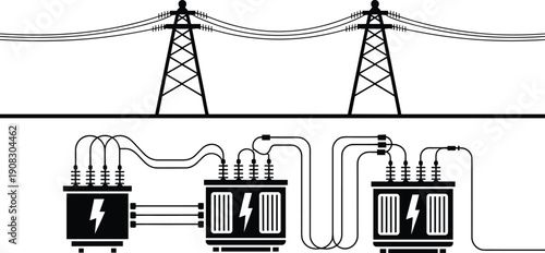 Electric power transmission line and transformer station silhouette, high voltage tower with cables and electrical substation equipment, black vector illustration isolated