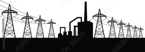Electric power plant silhouette with high voltage transmission towers, industrial energy station and electricity grid, black vector illustration isolated on white background