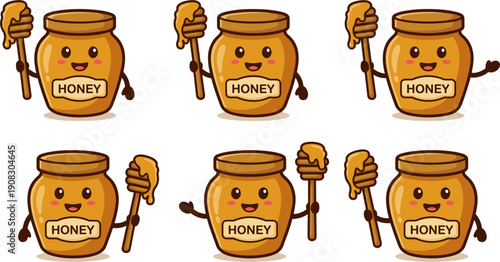 Cute Honey Jar Characters Pixel Art With Honey Dippers And Various Poses