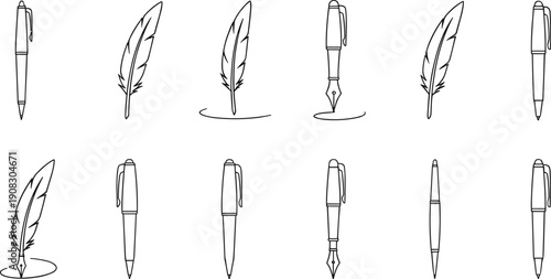 Classic Fountain Pen, Modern Ballpoint, and Vintage Quill Feather Symbols Line Art Vector Illustration