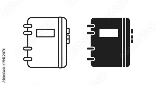 A minimalist depiction showcases two variations of a closed notebook or diary one outlined and one solid
