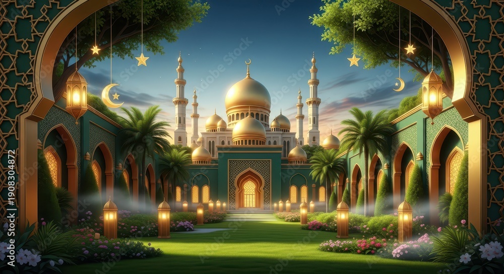 Naklejka premium Ornate archway frames a magnificent mosque complex illuminated by evening lanterns and soft twilight.