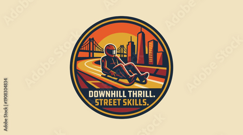 Downhill Thrill Street Skills Logo Vector Illustration Cityscape and Sports Icon