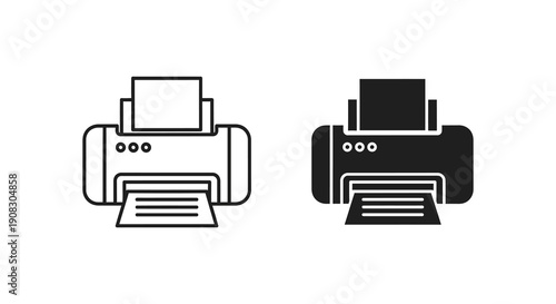 A black and white illustration depicts two distinct printer icons one outlined and one solid high quality professional