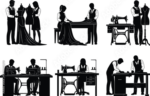 Fashion design studio silhouettes, tailoring and sewing illustration, garment creation artwork showing designers at work in creative production scenes – flavector