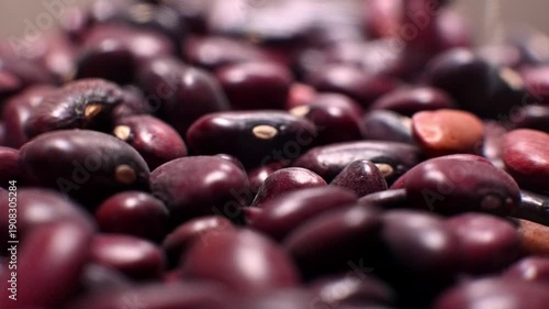A close-up of a large amount of red kidney beans in a clear storage jar. Macro shot of the beans with a shallow depth of field.