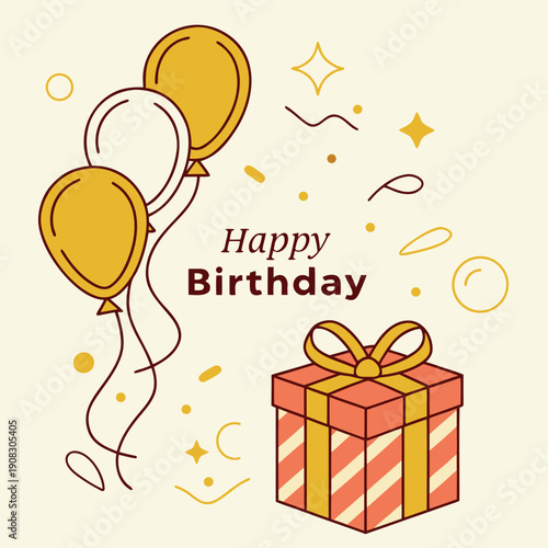 Happy birthday celebration with gift boxes and gold and white balloons, conveying joy and festive atmosphere, perfect for party invitations and greeting cards.