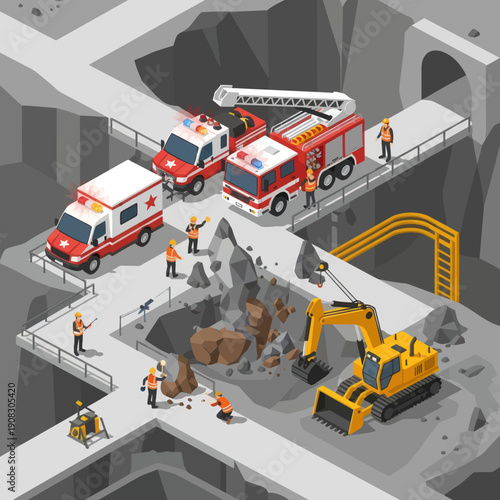 Rescue operation in a construction site with emergency vehicles and workers.