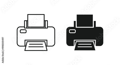 A simple illustration depicts two black and white printer icons one outlined and one solid high quality professional