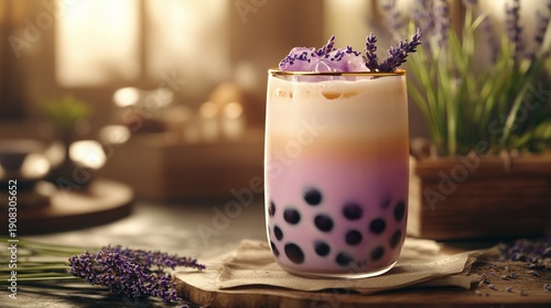 Luxury Boba Tea in Gold-Rimmed Glass – Taro Milk Tea with Premium French Lavender Syrup and Delicate Lavender Garnish