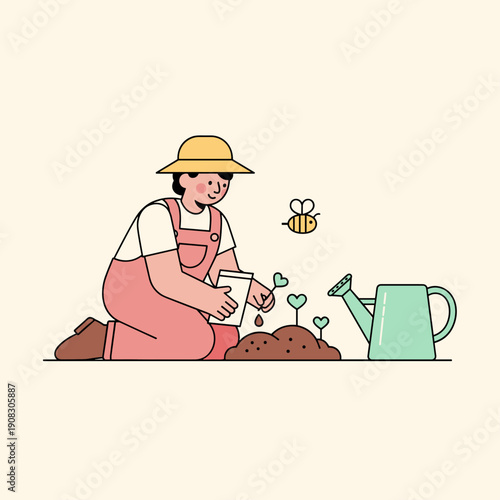 Flat Vector Gardening and Planting Seeds Scene