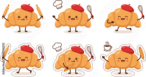 Six Adorable Croissant Characters In Different Poses With Baking Tools And Coffee Cup