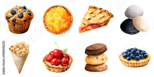Set of watercolor sweet pastries and dessert treats isolated on transparent background