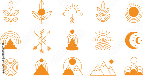 Collection of abstract orange and white geometric shapes and symbols