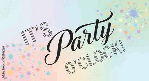 Party invitation text with confetti and stars, overlay effect for banner or poster, colorful celebration design element, vector