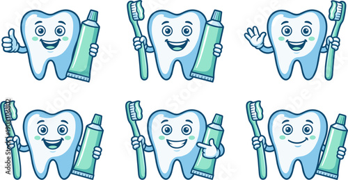 Six Cartoon Teeth Holding Toothbrushes And Toothpaste In A Grid