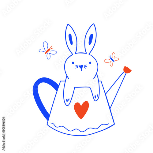 Playful Easter Bunny Character in a Watering Pot. Simple Vector Illustration for Spring Greeting Cards, Stationery