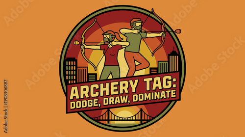 Archery Tag Dodge Draw Dominate Graphic Design, Vintage Retro Style