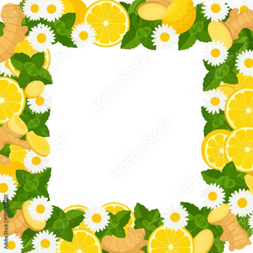 Square border frame of fresh lemon slices ginger mint and chamomile flowers