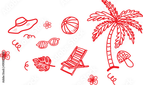 Collection of charming hand drawn red doodle icons representing essential summer vacation items like a sun hat, beach ball, lounge chair, palm tree, and tropical foliage elements for travel design.