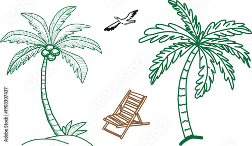 Collection of charming hand drawn red doodle icons representing essential summer vacation items like a sun hat, beach ball, lounge chair, palm tree, and tropical foliage elements for travel design.