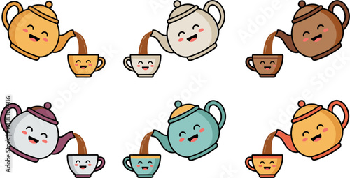 Six Kawaii Pixel Art Teapots Pouring Tea Into Matching Cups Cartoon Style