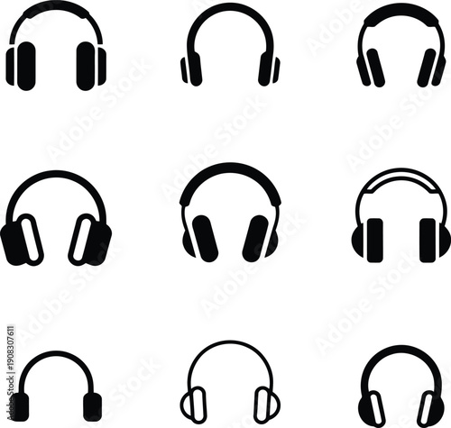Collection of modern black headphones in various styles and designs