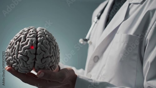 A doctor holds a brain in his hand. The brain is missing a piece, and the doctor is examining it. Concept of curiosity and scientific exploration