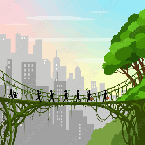People crossing living bridge made of vines and plants connecting city and nature