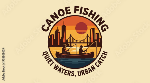 Canoe Fishing In Urban City Waters With Skyline And Sunset