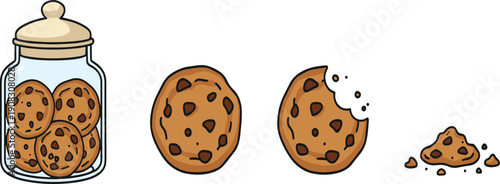 Chocolate Chip Cookies Vector Illustration Set with Glass Cookie Jar Full of Biscuits Bitten Cookie and Pile of Small Crumbs