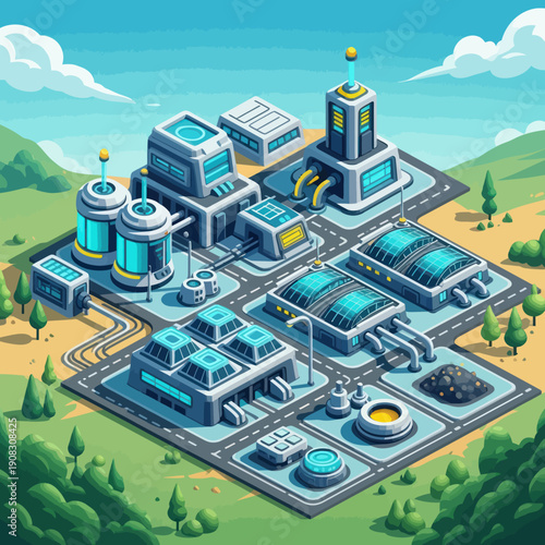 Isometric illustration of a futuristic industrial complex with various facilities and infrastructure.