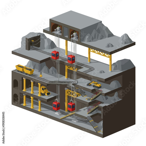 Underground Mining Operation with Trucks and Tunnels.